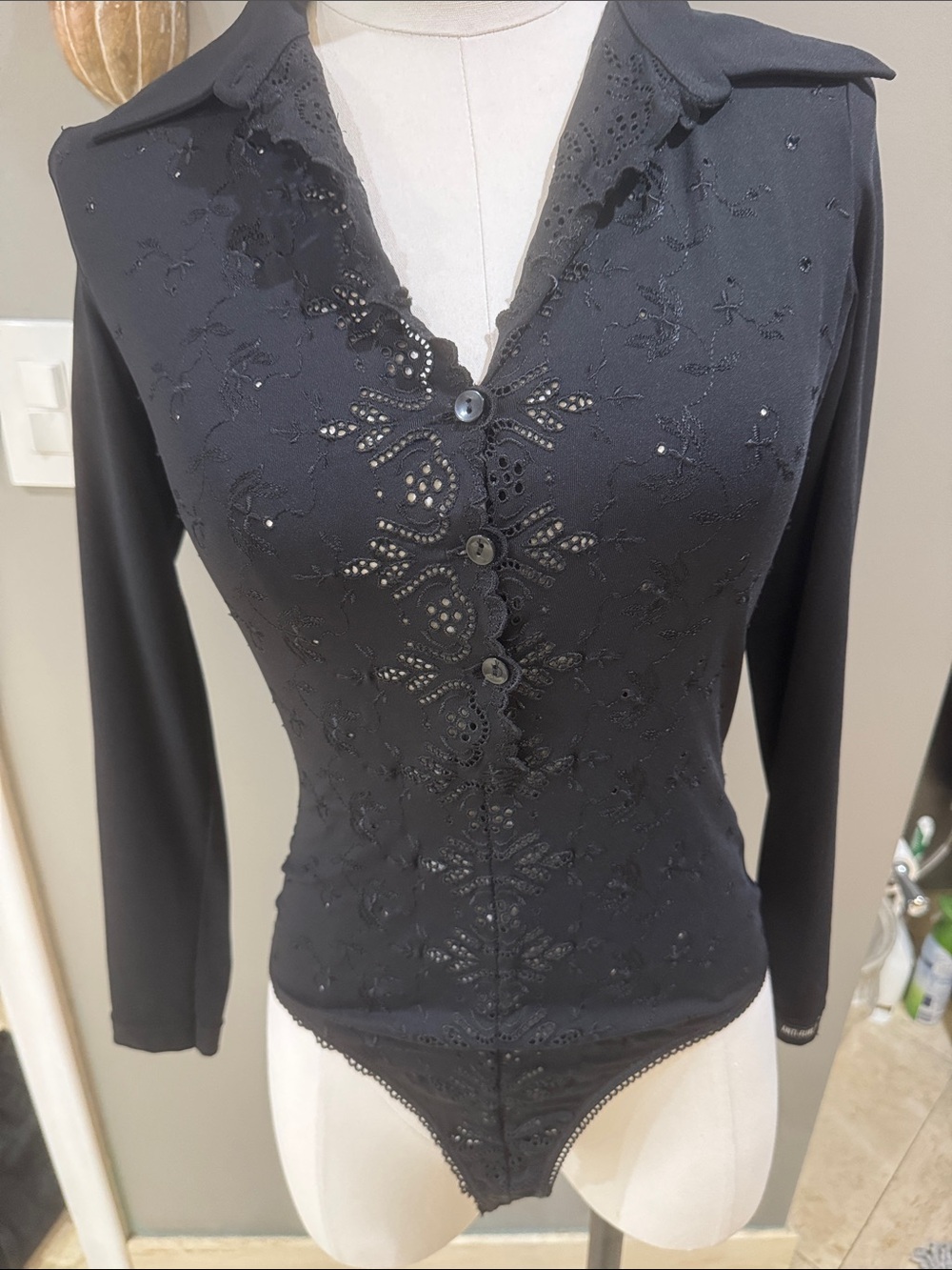 Black Lace-Detail Long Sleeve Button Bodysuit made in France